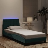 vidaXL Cadru de pat cu lumini LED, verde &icirc;nchis, 90x200 cm, catifea