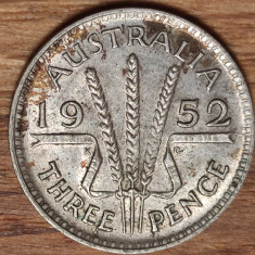 Australia - moneda de colectie argint threepence - 3 pence 1952 - XF+/aunc