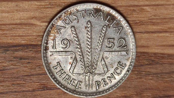 Australia - moneda de colectie argint threepence - 3 pence 1952 - XF+/aunc