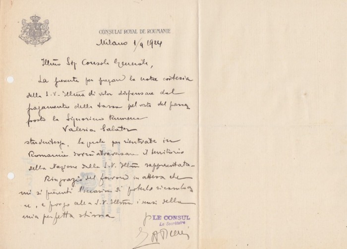 Document Consulatul Regatului Romaniei la Milano 1924
