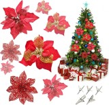 Set de 24 flori pentru bradul de Craciun MEIYIFAN, textil/plastic, rosu/auriu, 15/22 cm