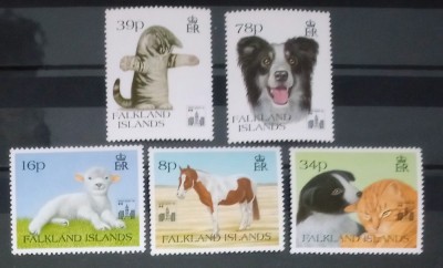 Falkland islands 1993 animale de companie pisici,c&amp;acirc;ini, miel, vaca Serie 5V nestampilat foto