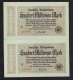 GERMANIA 2 x 100000000 / 100.000.000 MARCI / MARK 1923 - 2 bucati Serii Consecutive [1] P-S1017a.1.2 , Seria A / 6 cifre , UNC , necirculate