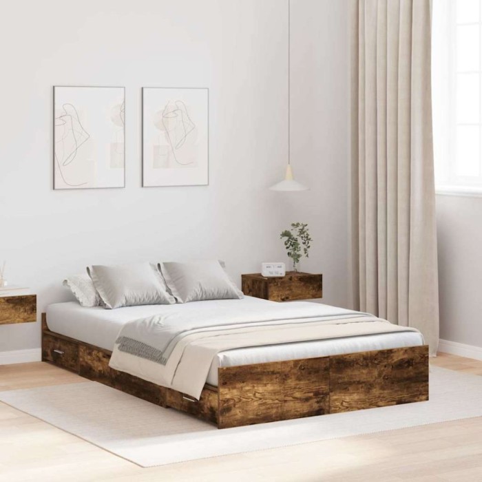 vidaXL Cadru de pat cu spațiu de depozitare Stejar afumat 120 x 200 cm 3335305