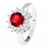 Inel cu ştras rotund, roşu şi cu zirconiu transparent, soare, argint 925 - Marime inel: 55