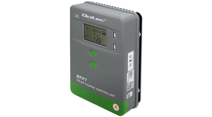 Controler de &icirc;ncărcare solară Qoltec MPPT cu senzor de temperatură 30A | 12V / 24V | LCD | 2 x USB | Bluetooth | APP | GEL | LiFePO4