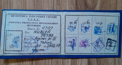 1976, Legitimatie METALOGLOBUS Bucuresti CIAC Hublea Petre inginer comunism foto