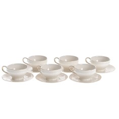 Set 6 cesti 220 ml cu farfurioare din portelan alb ivory cu margine aurie