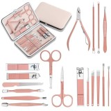 Cumpara ieftin Set de manichiura si pedichiura, cu 18 piese, din otel inoxidabil, etui portabil, roz