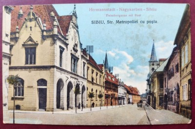 Sibiu - Str. Metropoliei cu Posta - Fleischergasse mit Post 1926 - printata, color, scrisa dar necirculata, textul in limba romana tiparit ulterior foto