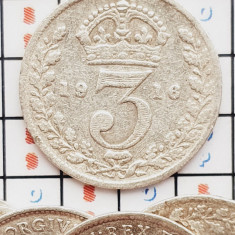 1250 Marea Britanie UK Anglia 3 pence 1916 George V (1st issue) km 813 argint