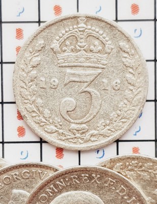 1250 Marea Britanie UK Anglia 3 pence 1916 George V (1st issue) km 813 argint foto