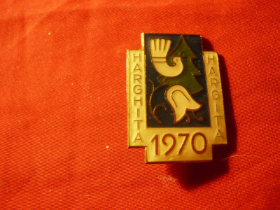 Insigna a Judetului Harghita 1970 , h=3,3cm , metal si email foto
