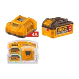 Set 2 Baterii 20V 4Ah + Incarcator Rapid INGCO &ndash; FBCPK2013E, Li-Ion, 4A, compatibil platforma P20S, cu LED indicator, autonomie extinsa Acumulator Ing