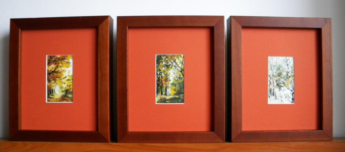 Peisaje - Set 3 miniaturi originale ulei pe carton, casete passepartout 20x24cm