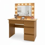 Cumpara ieftin Masa de toaleta/machiaj, Irina, stejar, cu oglinda si LED-uri, 94x43x141 cm