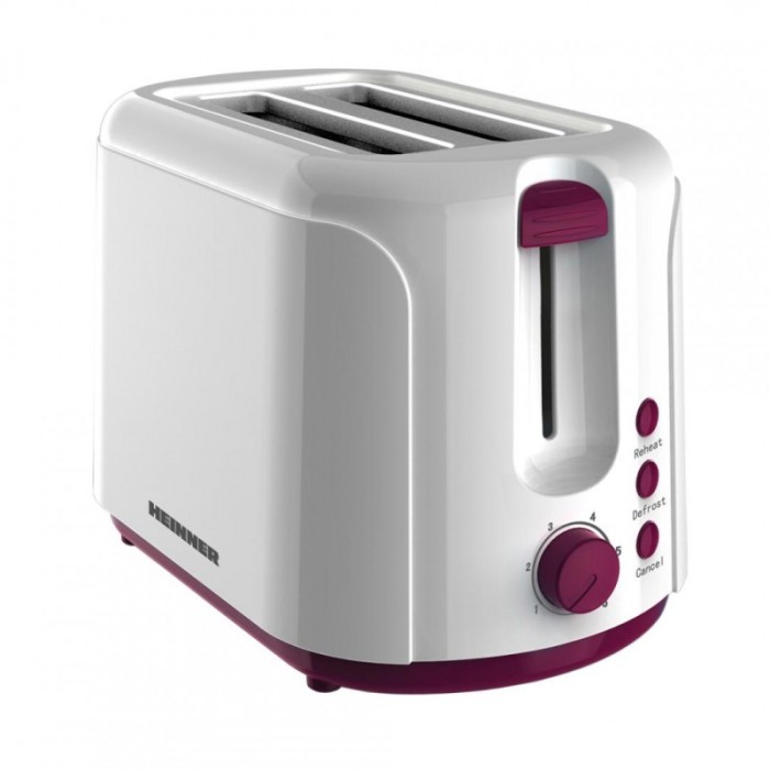 Prajitor de paine Heinner Charm, 750 W, 6 setari rumenire, 2 felii, oprire automata, termostat, decongelare, sistem anti-alunecare, Alb/Visiniu