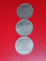 Lot 3 monede Franta: 10 francs 1947 + 1948 + 1949, stari UNC + luciu [poze]. Discount conform descriere [10 - 20 %. Vezi descrierea.].