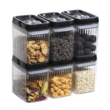 Cutii de Depozitare Alimente, Flippy, Set din 6 Cutii de tip Container, Recipiente pentru Cereale in Bucatarie, Transparente cu Capac Negru