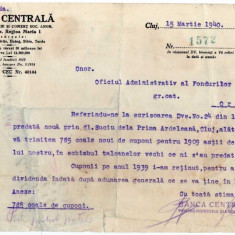 BANCA CENTRALA CLUJ DOCUMENT CU ANTET SI STAMPILA 1940