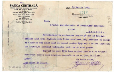 BANCA CENTRALA CLUJ DOCUMENT CU ANTET SI STAMPILA 1940 foto