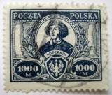 Timbru rar istoric Polonia 1923 &ndash; Nicolaus Copernic, emisiunea marilor &icirc;nvățați, 1000 Mărci albastru