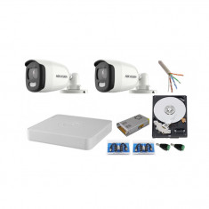 Kit 2 camere supraveghere ColorVU Full Time 5MP Ultra HD + DVR 4 canale 5MP HikVision + Sursa + Cablu + Mufe + HDD 500GB foto