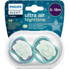 Set 2 suzete Philips-Avent SCF376/13, ultra air NightTime 6-18 luni, Ortodontice, fara BPA, Fosforescent, Stea/Luna