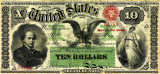 10 dolari 1864 Reproducere Bancnota USD , Dimensiune reala 1:1