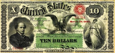 10 dolari 1864 Reproducere Bancnota USD , Dimensiune reala 1:1 foto