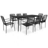 Set mobilier gradina vidaXL, 9 piese, negru, otel &amp; bumbac, masa sticla securizata, 190x90x74cm, scaune 56x53.5x85.5cm