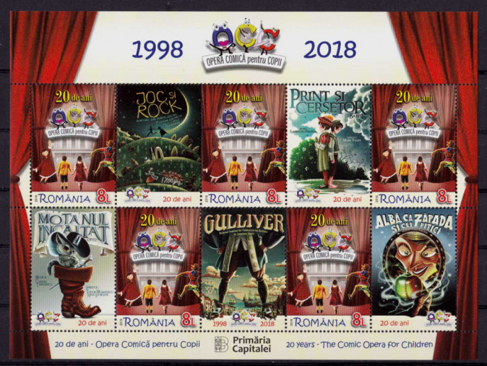 RO 2018 ,LP 2190c ,&quot;20 de ani Opera Comica pentru copii &quot;-mcoli 5M + 5V ,MNH