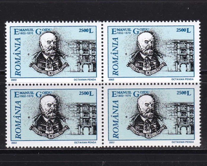 RO 2002 LP 1578 &quot; Oameni de seama -Emanuil Gojdu&quot; , bloc de 4 , MNH