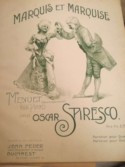 partitura Marquis et marquise, menuet pour piano par Oscar Spiresco interbelic