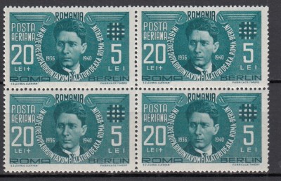 ROMANIA 1940 LP 142 II MISCAREA LEGIONARA IN ROMANIA CODREANU POSTA AERIANA BLOC DE 4 TIMBRE STARE MNH foto