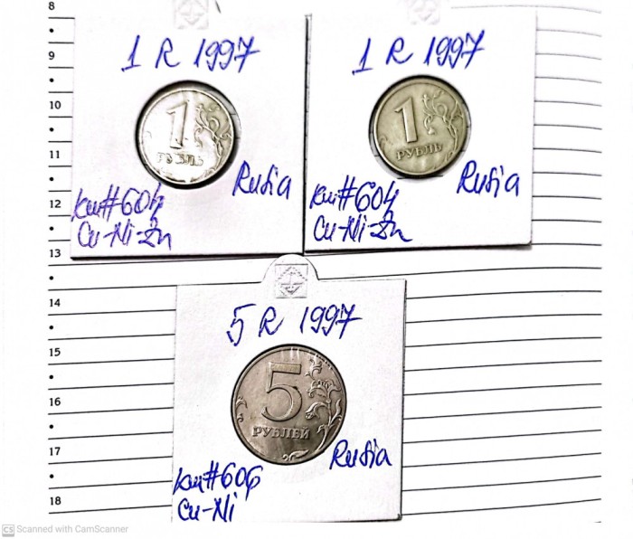 monede rusia 3 buc 1997 / 1+1+5 r circulatie