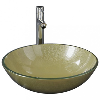 Chiuvetă baie, robinet și scurgere tip push auriu sticlă călită foto