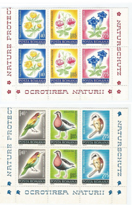 |Romania, LP 818/1973, Ocrotirea naturii, pasari si flori, pereche, MNH