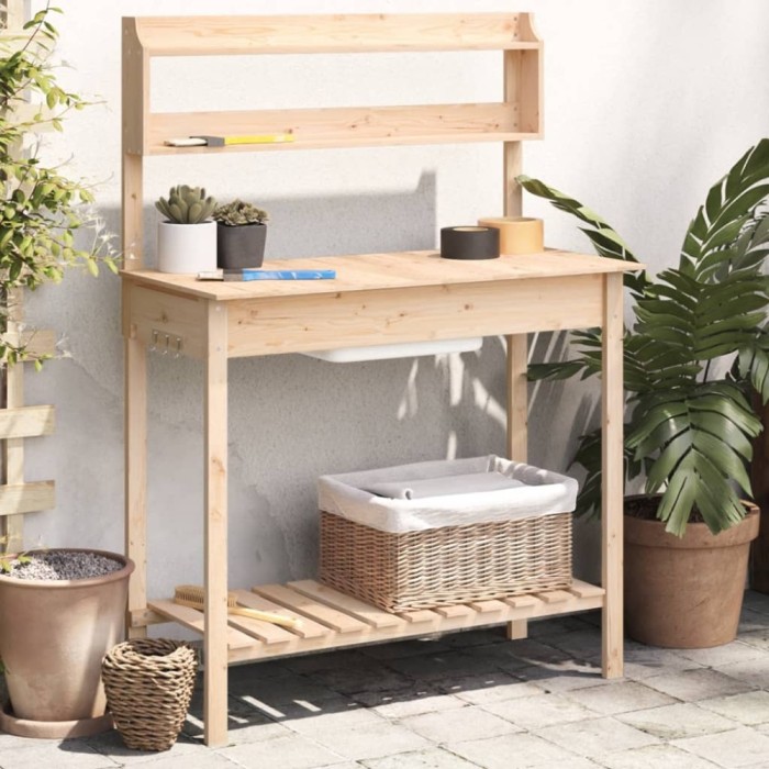 vidaXL Masă plantare cu chiuvetă, 147,5x44x139,5 cm, lemn masiv brad