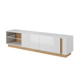 Cumpara ieftin Comoda TV pal alb lucios maro stejar Grandson City 188x40x46 cm