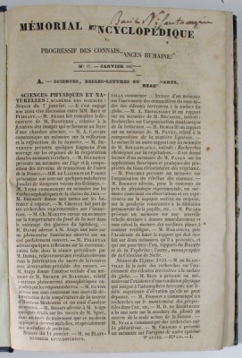MEMORIAL ENCYCLOPEDIQUE ET PROGRESSIF DES CONNAISSANCES HUMAINES , No. 97 , JANVIER , 1839 foto
