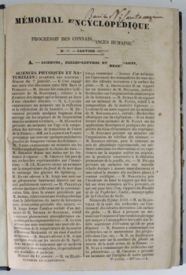 MEMORIAL ENCYCLOPEDIQUE ET PROGRESSIF DES CONNAISANCES HUMAINES , No. 97 , JANVIER , 1839 foto