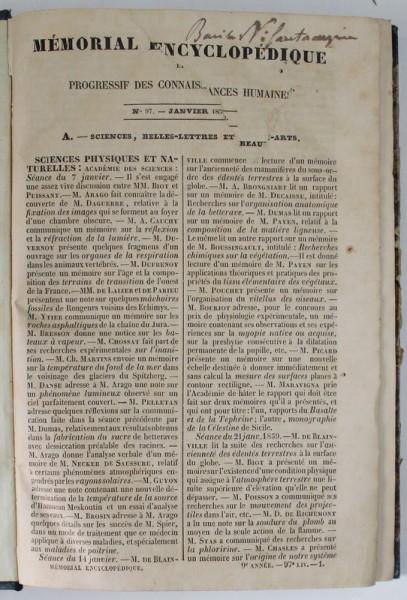 MEMORIAL ENCYCLOPEDIQUE ET PROGRESSIF DES CONNAISSANCES HUMAINES , No. 97 , JANVIER , 1839