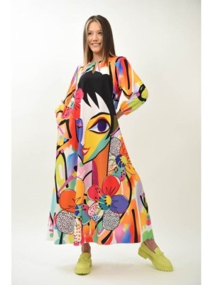 FLORILE INTALNESC ARTA - ROCHIE LUNGA CU BUZUNARE SI PRINT MODERN FLOWER FACE TALIE UNICA Multicolora foto