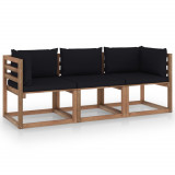 Canapea din paleti de gradina, 3 locuri, perne negre, lemn pin GartenMobel Dekor, vidaXL