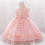 Rochita roz de ocazie cu floricele dantelate (Marime Disponibila: 6-9 luni