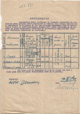 A3635N Declarație privind deținerea de bunuri de proveniență rusă, inclusiv de pe teritoriul Basarabiei și Bucovinei de Nord, 1944, Craiova foto