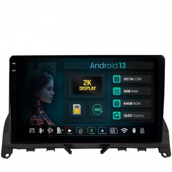 Navigatie 2K Mercedes Benz C-Class W204 (2006-2012) 4GB RAM Android 13 Octacore Slot Sim 4G DSP GPS Wi-FI Carplay Android Auto USB Bluetooth Waze Touc