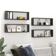 vidaXL Rafturi de perete cub 4 buc negru extralucios 80x15x26,5 cm PAL