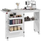 HOMCOM Masă de cusut pliabilă mobilier de cusut cu blat rabatabil, coșuri de depozitare, raft deschis și roți, alb | Aosom Romania